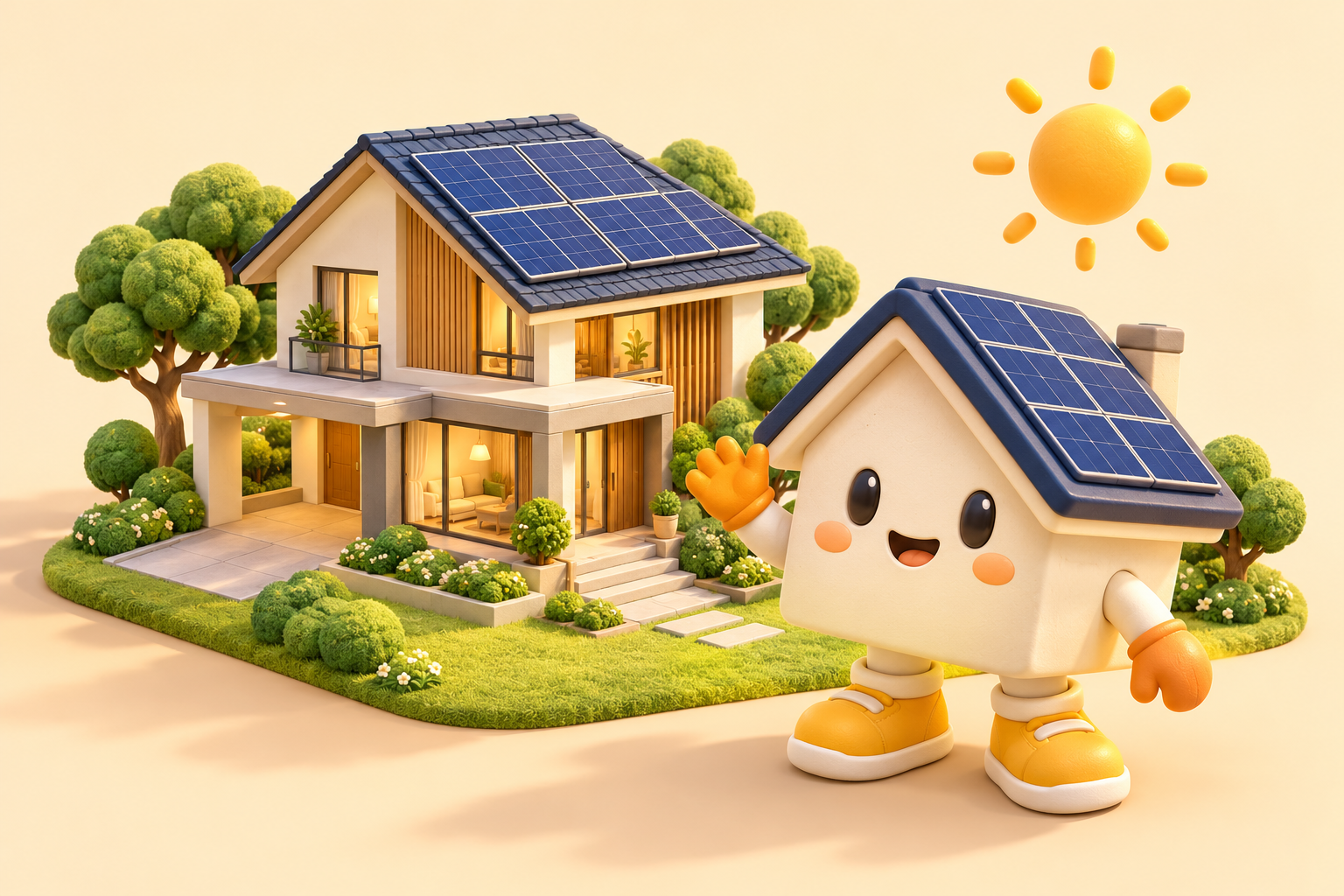 มาสคอต SolarHappyHome โบกมือข้างบ้านที่ติดตั้งแผงโซลาร์